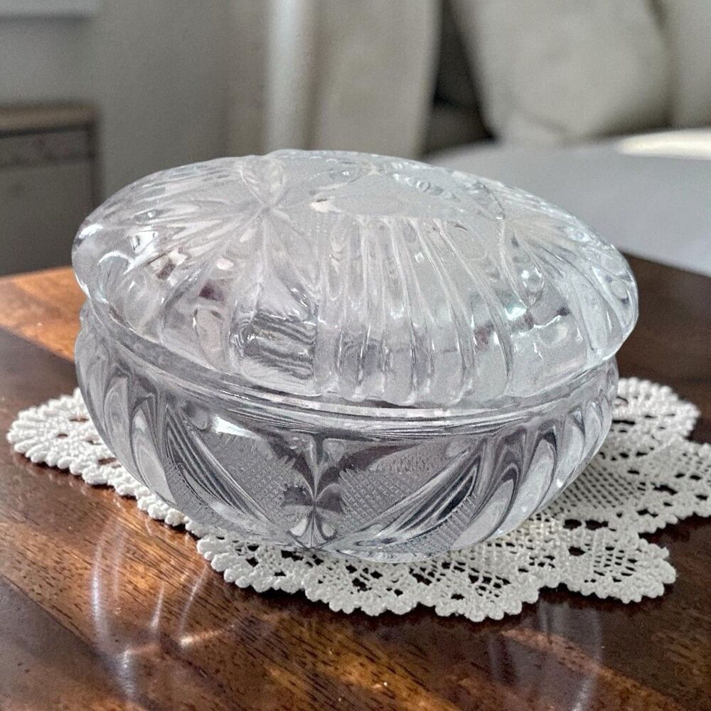 Lidded Clear Glass Trinket Dish 4”x2.5” Star Pattern Vintage Mid Century Vanity